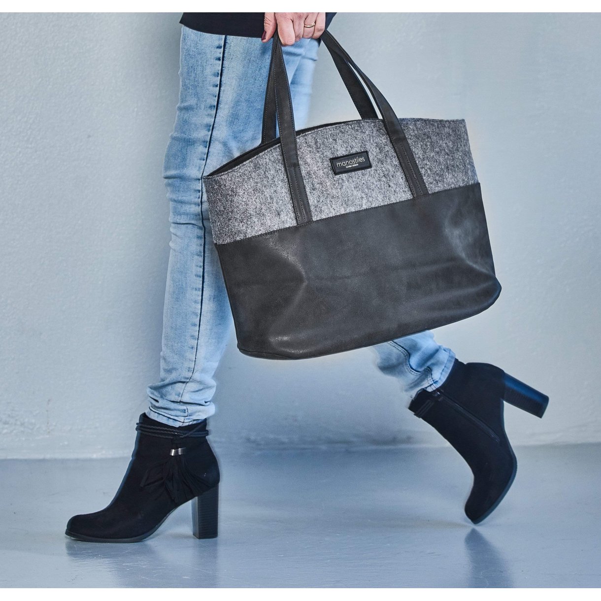 Luksus shopper taske - Grå & sort - Manostiles Danish Design